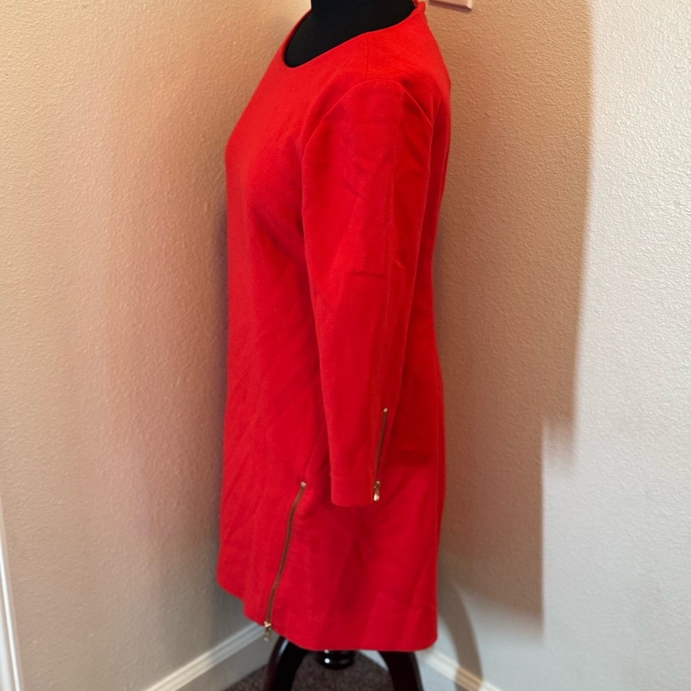 2 FOR $25 J CREW Double Zip Shift Dress Red Gold Zipper 3/4 Sleeve Sheath 6 $138 - Picture 3 of 9